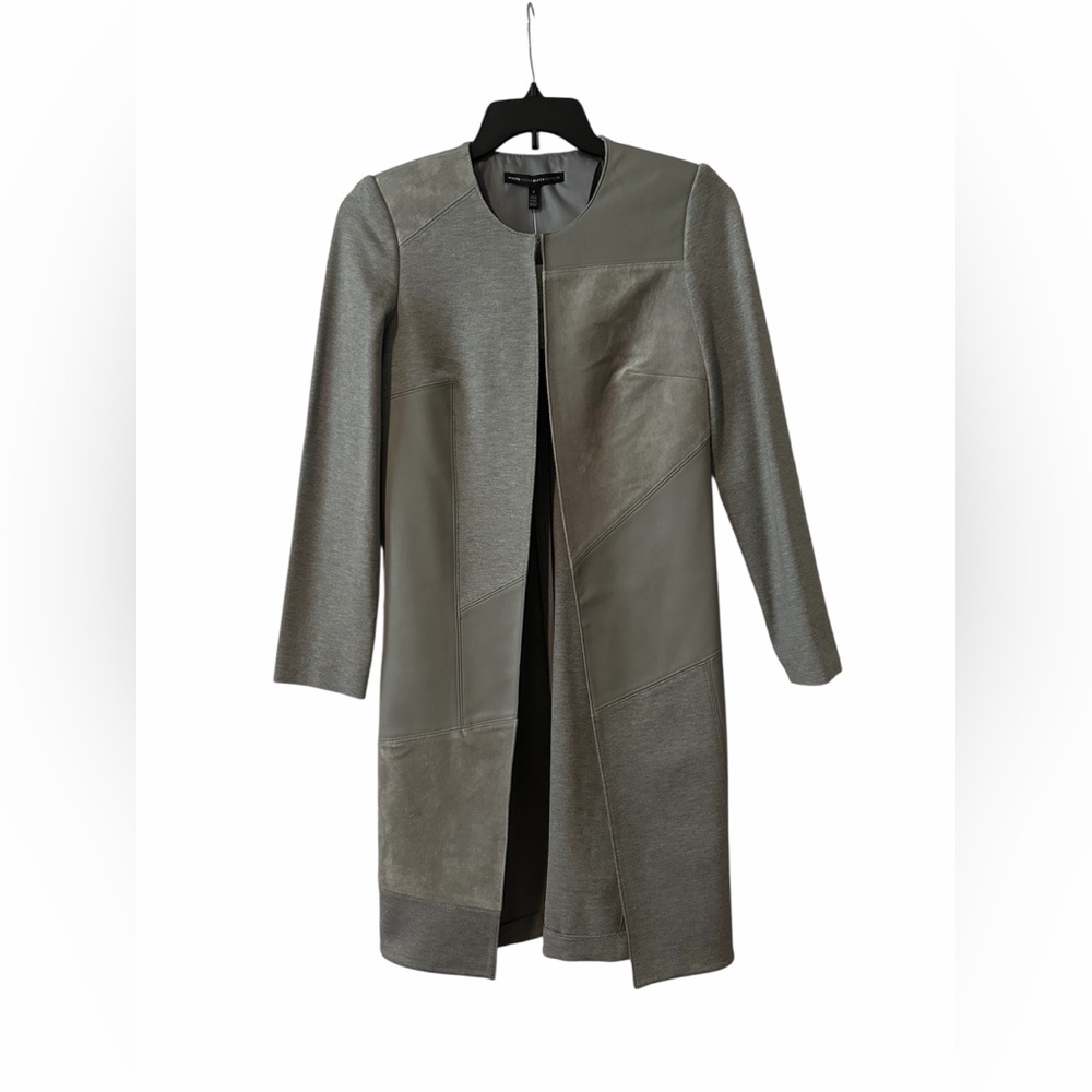 NWT White House Black Market Knit Pieced Coat Grey Leather Accents Size 2
